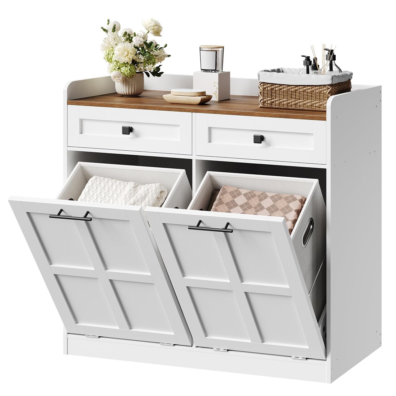 White Tilt-Out Laundry Cabinet 2 Removable Baskets 2 Drawers Storage Organizer